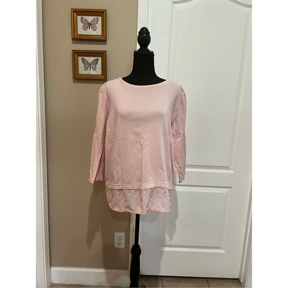 Anne Klein pink lace trim top with 3/4 sleeves - Picture 1 of 6
